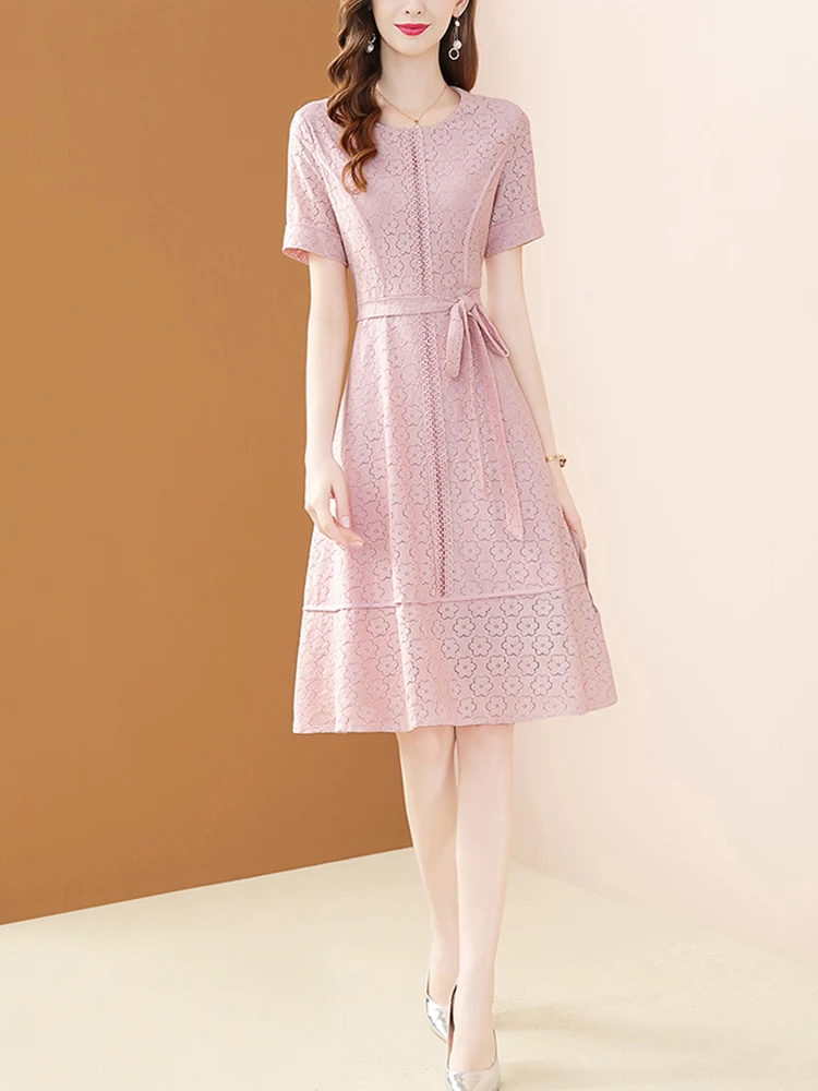 EVNISI prantsuse Roosa Tikitud Õõnes Kleit Naistele 2022 Suvel Uus Elegantne Õie Kleidid O-kaeluse Pits-line Vabaaja Vestidos