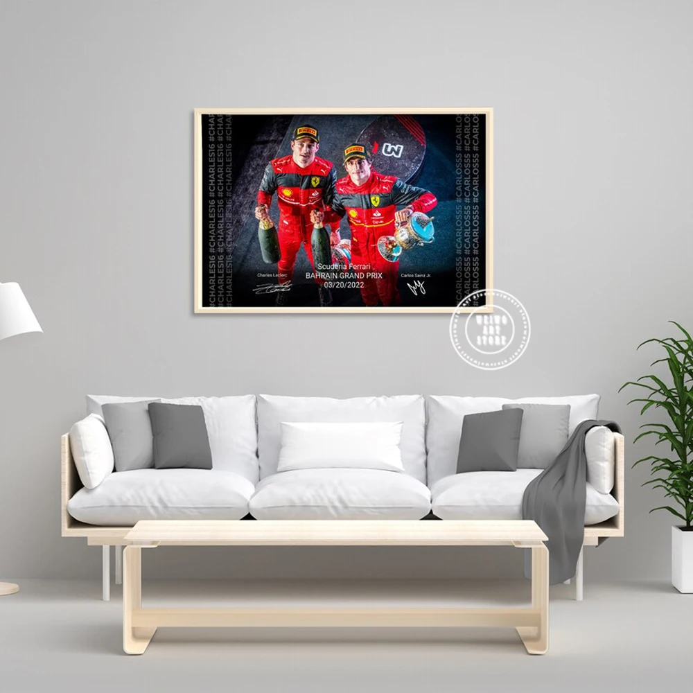 Charles Leclerc Carlos Sainz 2022 Bahreini GP Võitja Plakat Ferraris F1 Meeskond Lõuend Trükib Seina Maali Kunst Ruumi Kaunistamiseks