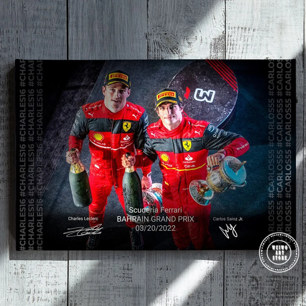 Charles Leclerc Carlos Sainz 2022 Bahreini GP Võitja Plakat Ferraris F1 Meeskond Lõuend Trükib Seina Maali Kunst Ruumi Kaunistamiseks